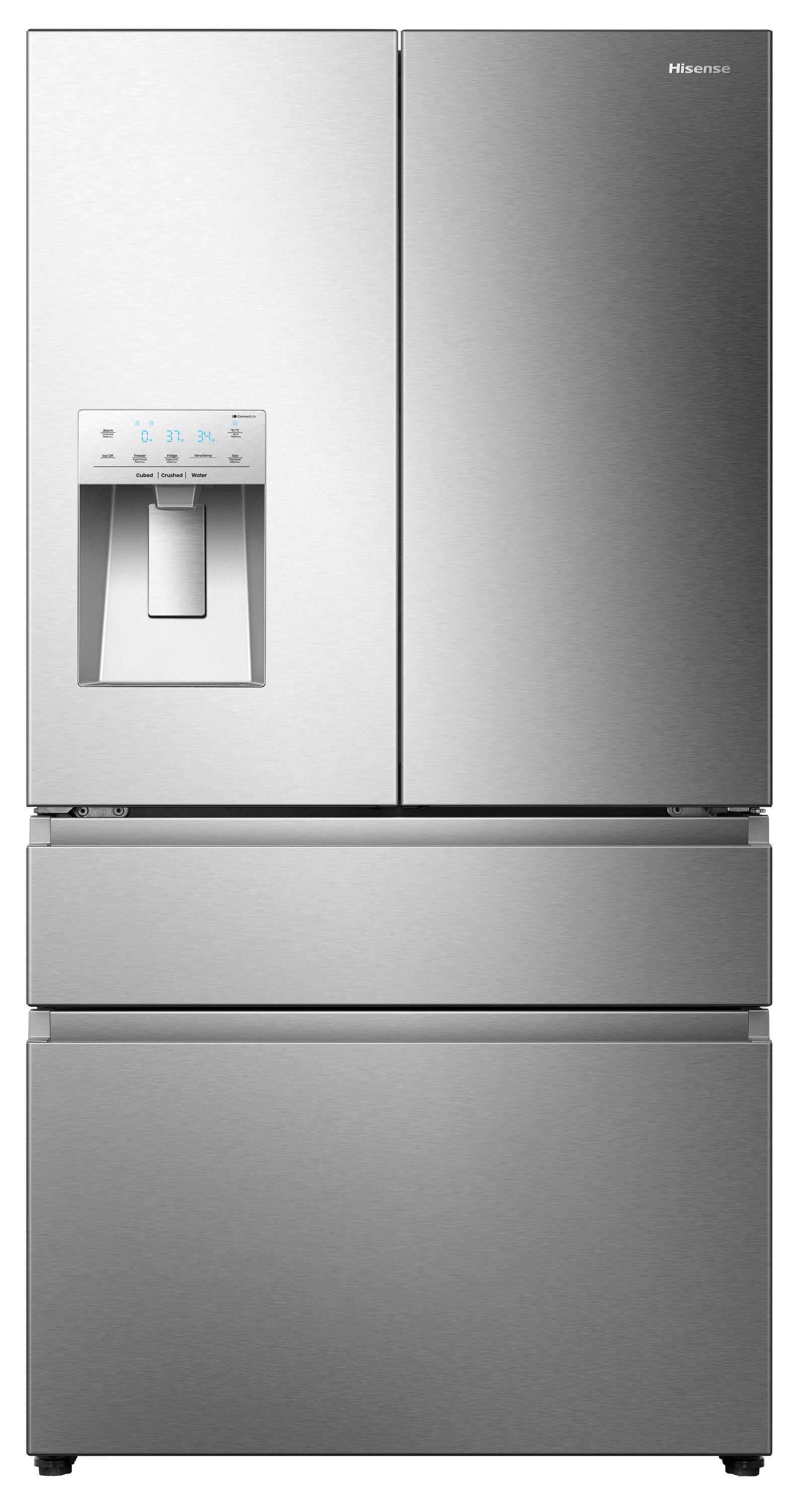 Hisense PureFlat Standard-Depth 25.6-cu ft 4 -Door Smart Compatible French Door Refrigerator with Ice Maker with Water and Ice Dispenser ( Stainless steel ) ENERGY STAR Certified